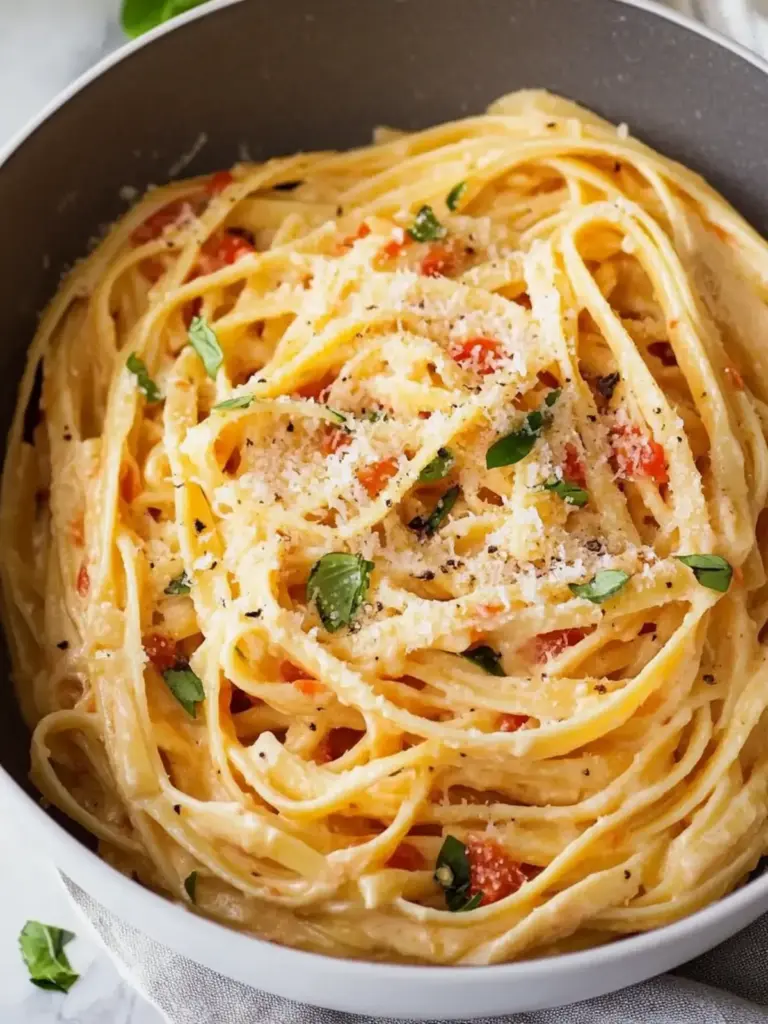 creamy roasted red pepper fettuccine alfredo - featured image