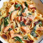 creamy salmon pasta with sun-dried tomato & spinach - featured image