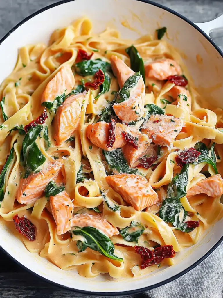 creamy salmon pasta with sun-dried tomato & spinach - featured image