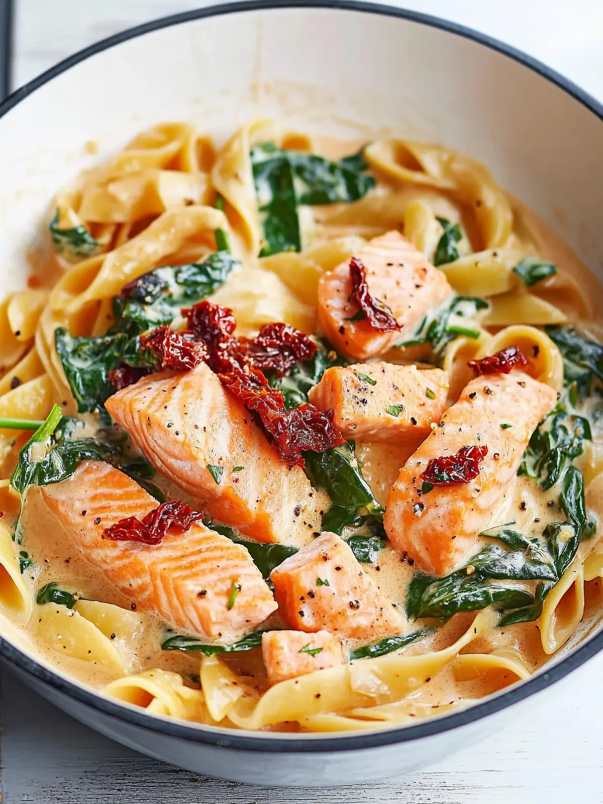 creamy salmon pasta with sun-dried tomato & spinach preparation steps