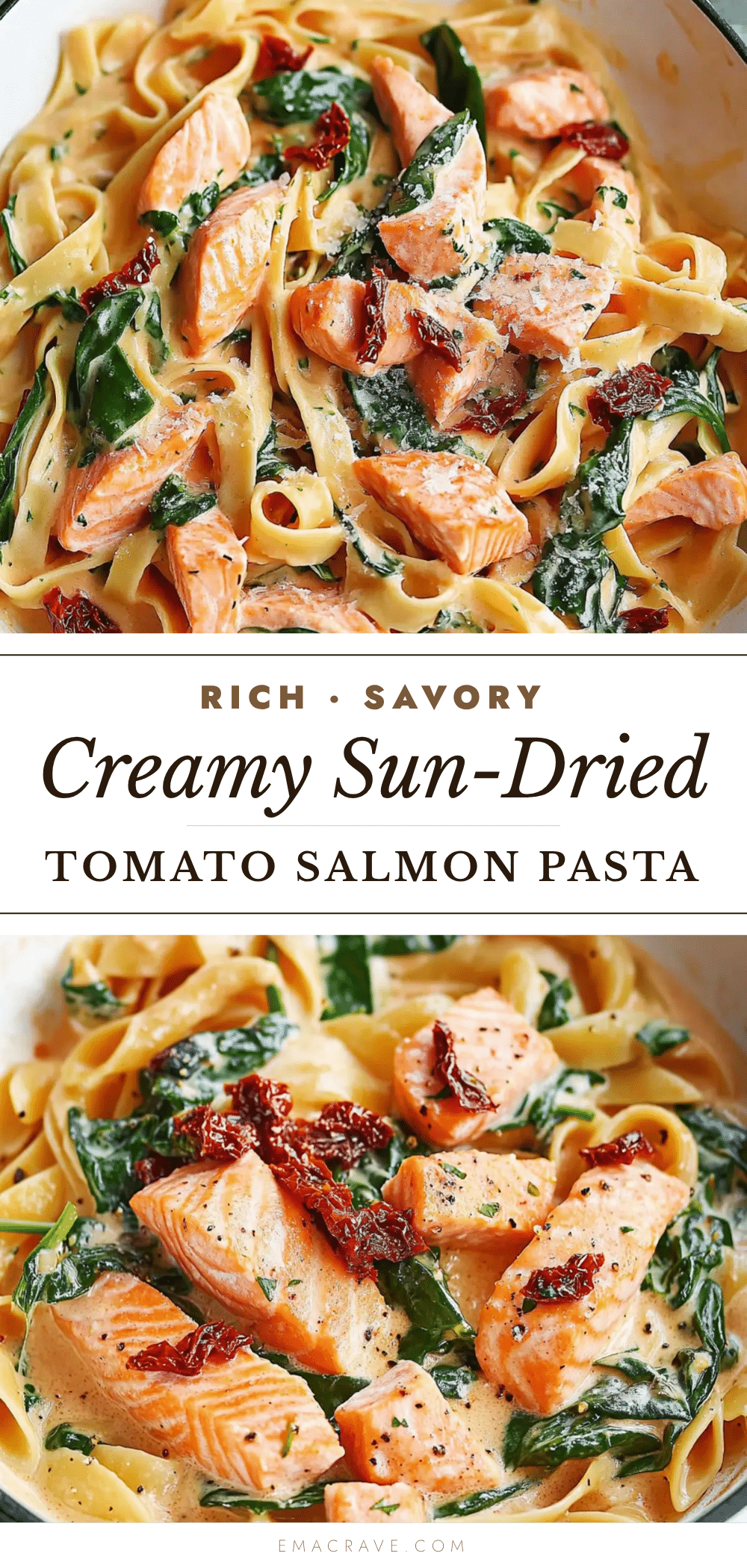 creamy salmon pasta with sun-dried tomato & spinach recipe