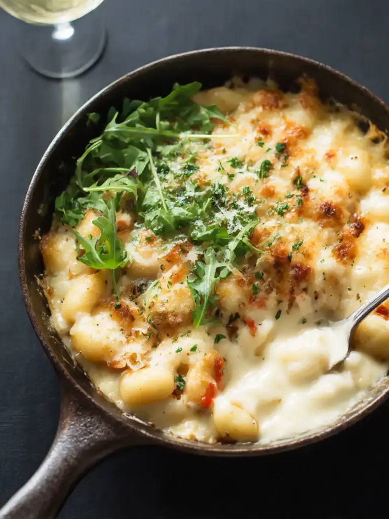 creamy skillet gnocchi mac and cheese - featured image