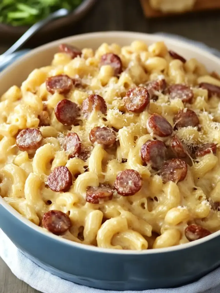 creamy smoked sausage mac and cheese - featured image