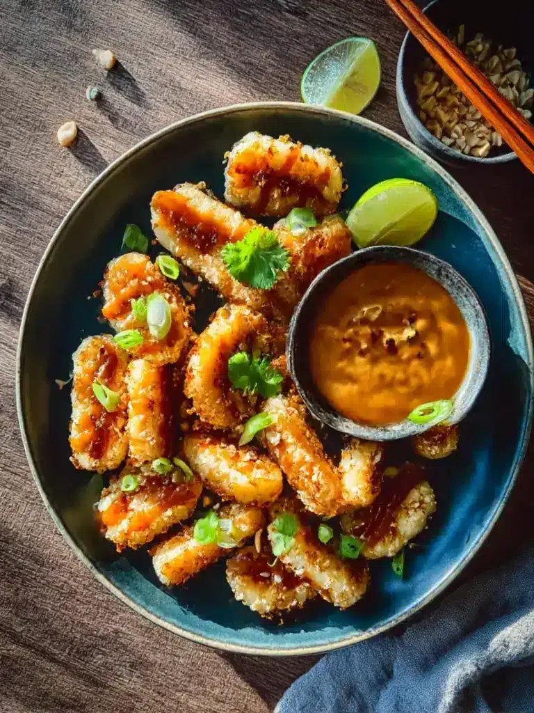 crispy rice cakes with spicy peanut sauce - featured image