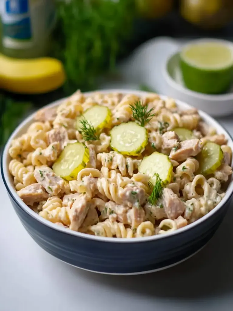 creamy dill pickle tuna pasta salad - featured image