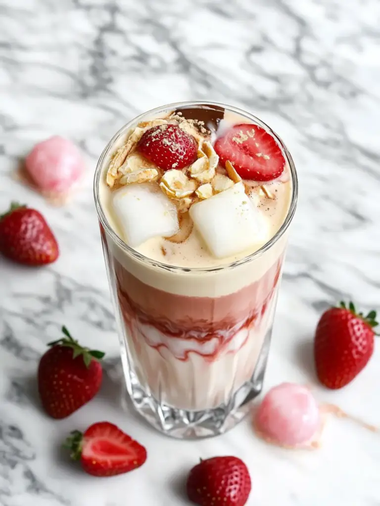 creamy iced white chocolate strawberry latte - featured image