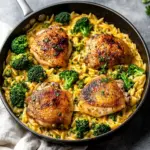 creamy skillet chicken thighs broccoli cheddar orzo - featured image