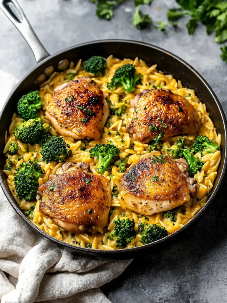 creamy skillet chicken thighs broccoli cheddar orzo - featured image