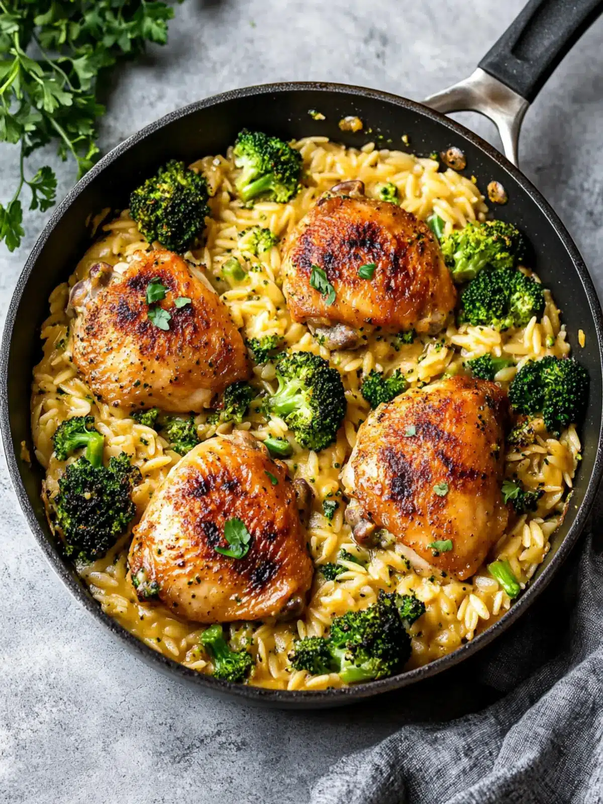 creamy skillet chicken thighs broccoli cheddar orzo preparation steps