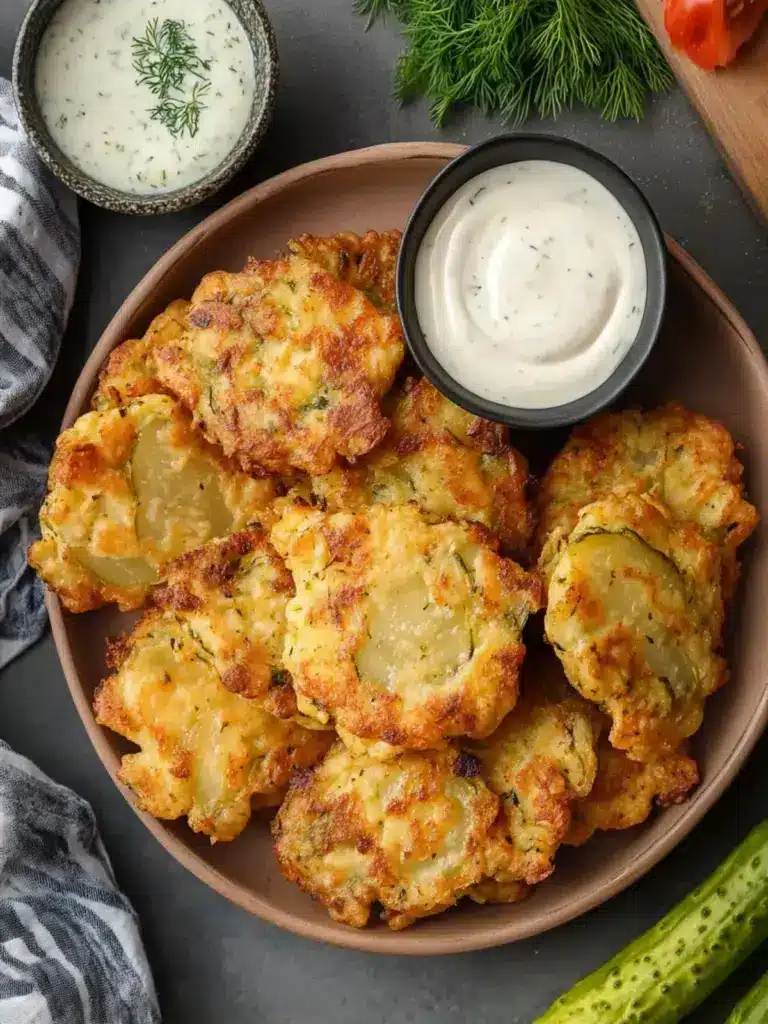 crispy dill pickle chicken fritters - featured image