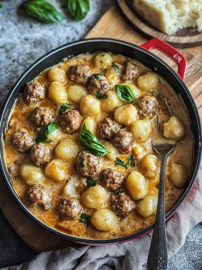 one pot creamy meatballs and gnocchi - featured image