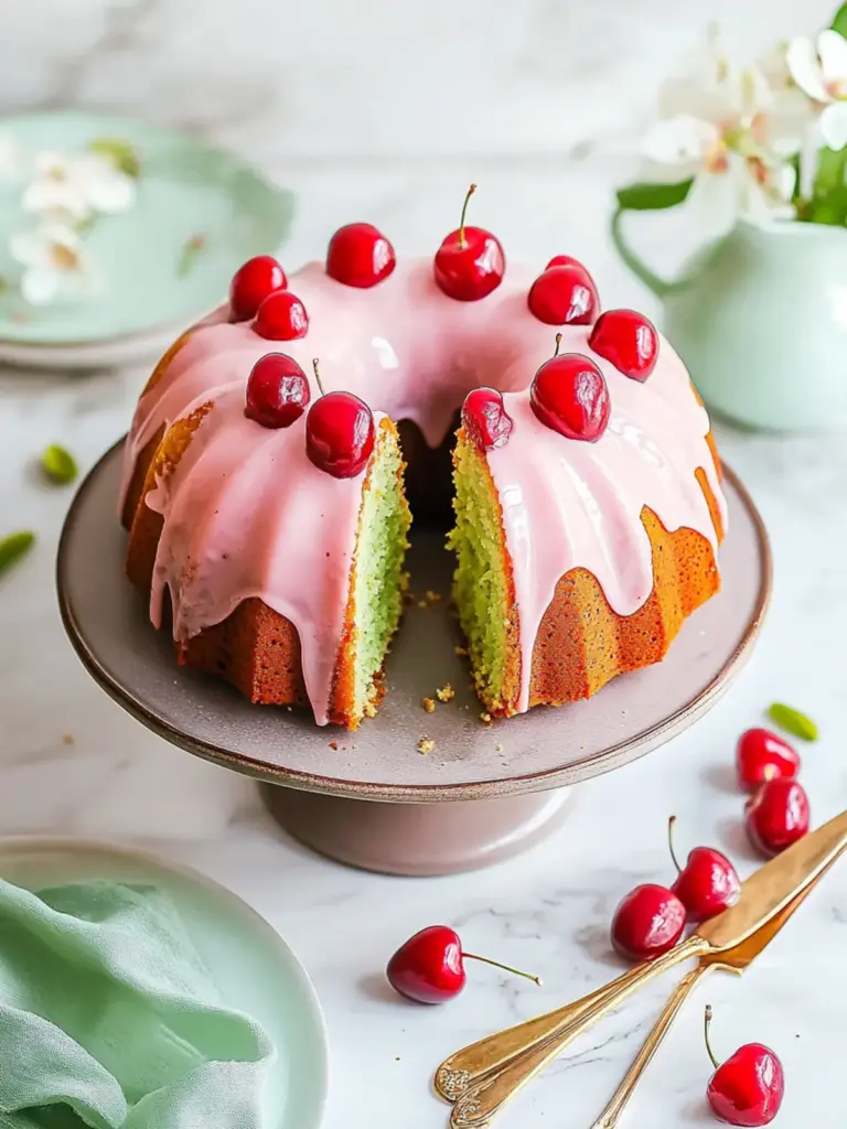 pistachio bundt cake with cherry glaze - featured image