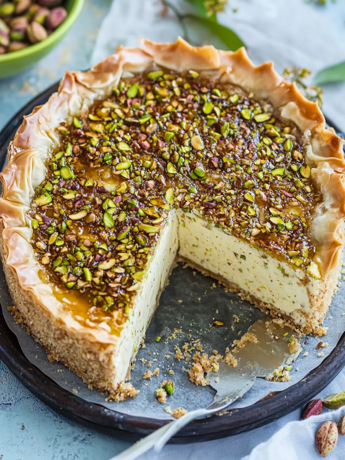 Pistachio Honey Baklava Cheesecake preparation steps