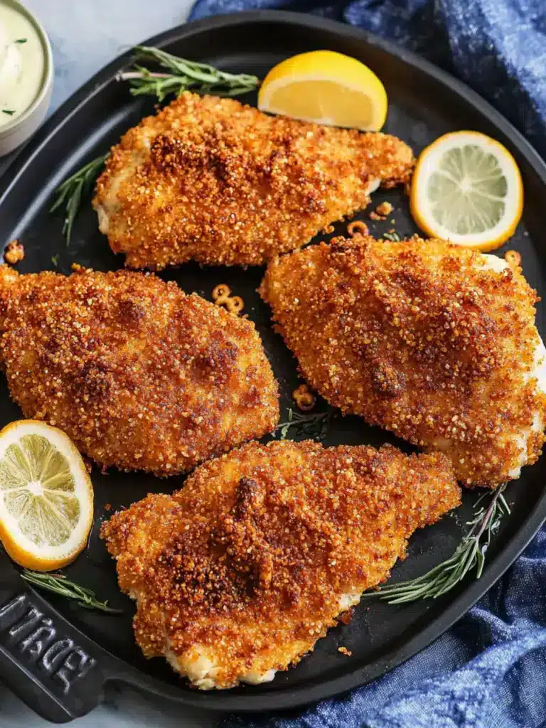 pretzel crusted chicken with cheddar sauce - featured image