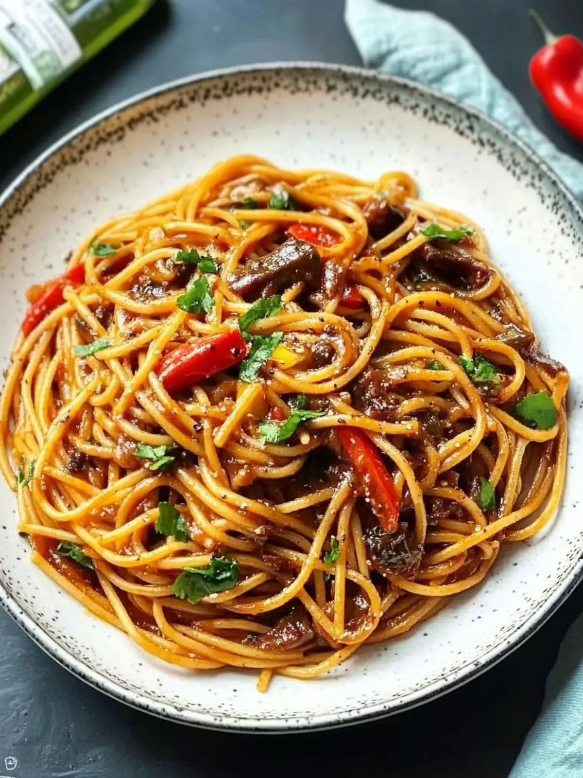 vegan singapore black pepper sauce spaghetti preparation steps